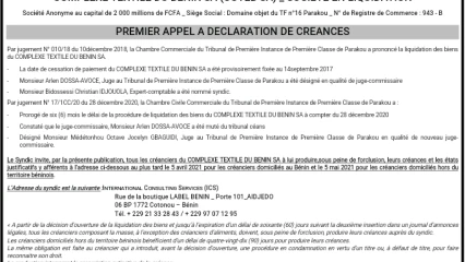 TRIBUNAL DE PREMIERE INSTANCE DE PREMIERE CLASSE DE PARAKOU COMPLEXE TEXTILE DU BENIN SA (COTEB SA) _ SOCIETE EN LIQUIDATION