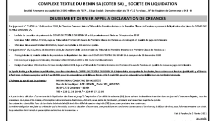 LIRE UN IMPORTANT DEUXIEME ET DERNIER APPEL A DECLARATION DE CREANCES DE COTEB