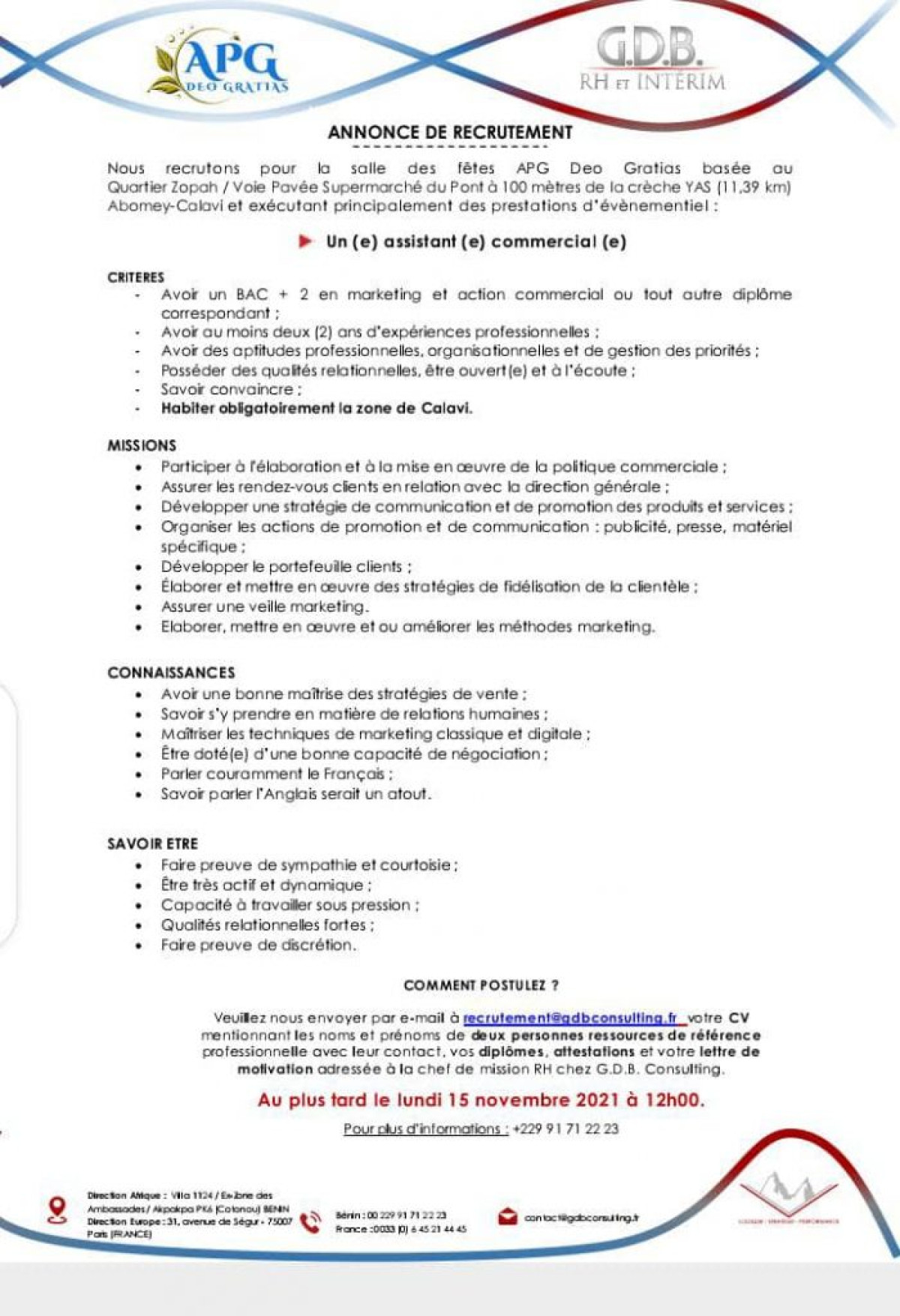 ABOMEY CALAVI/POUR LA SALLE DES FETES APG DÉO GRATIAS : L&rsquo;agence Gbd recrute un assistant commercial et un comptable