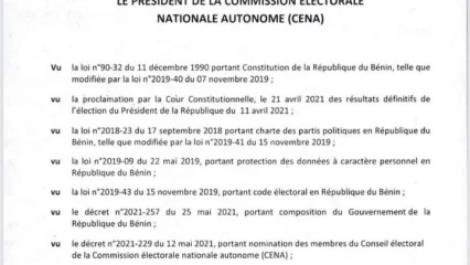 LÉGISLATIVES DE JANVIER 2023 AU BÉNIN : La Céna dévoile la liste des pièces de candidatures