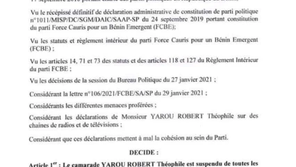 POUR AVOIR TENU DES PROPOS QUI METTENT A MAL LA COHÉSION AU SEIN DES FCBE : Théophile Yarou et De-Laure Faton suspendus du parti