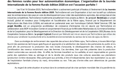 JOURNÉE INTERNATIONALE DE LA FEMME RURALE ÉDITION 2020 : TechnoServe Bénin et l’Atda4 célèbrent l’événement ce jour à Parakou