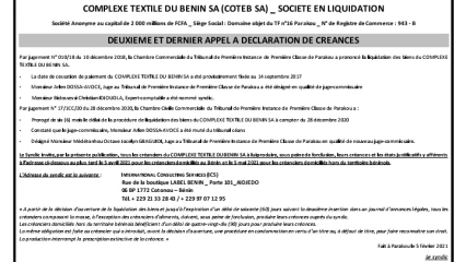 LIRE UN IMPORTANT DEUXIEME ET DERNIER APPEL A DECLARATION DE CREANCES DE COTEB