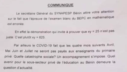 BÉNIN/BEPC BLANC 2020 :  Le Synapesp déclare l’épreuve de mathématique erronée