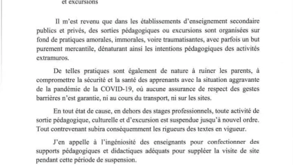 ENSEIGNEMENT SECONDAIRE AU BÉNIN : Les sorties pédagogiques et excursions suspendues