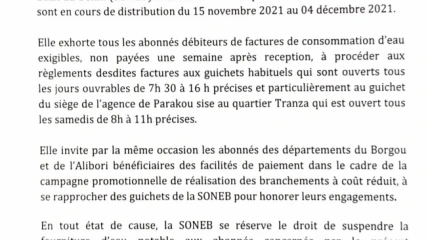 SONEB BORGOU-ALIBORI : Le directeur invite les abonnés à payer leurs factures