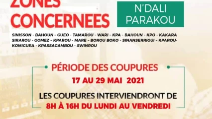 SBEE/TRAVAUX SUR LA LIGNE AERIENNE N’DALI-PARAKOU : Des coupures d’énergie électrique annoncées jusqu’au 29 mai