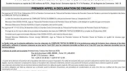 TRIBUNAL DE PREMIERE INSTANCE DE PREMIERE CLASSE DE PARAKOU COMPLEXE TEXTILE DU BENIN SA (COTEB SA) _ SOCIETE EN LIQUIDATION