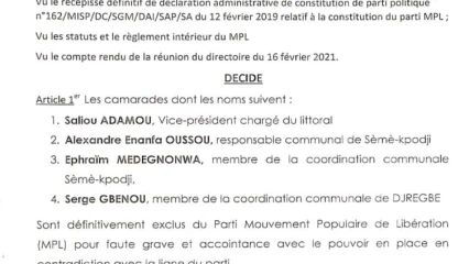 POUR FAUTE GRAVE ET COLLABORATION AVEC LE POUVOIR EN PLACE : Quatre membres du parti Mpl suspendus