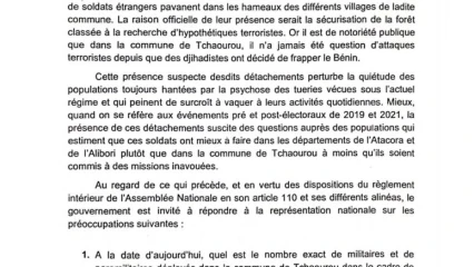PRÉSENCE ÉTRANGE DES MILITAIRES DANS DES LOCALITÉS DE TCHAOUROU : Les députés « Les Démocrates » demandent des explications au gouvernement 
