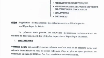 DÉDOUANEMENT DES VÉHICULES IMPORTÉS EN RÉPUBLIQUE DU BÉNIN : Voici les nouvelles dispositions