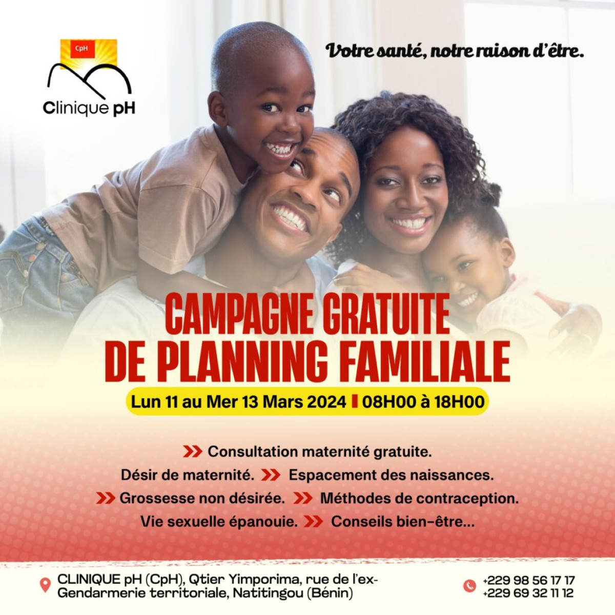 DU 11 AU 13 MARS 2024 A NATITINGOU  : La clinique pH organise une campagne gratuite de planification familiale  