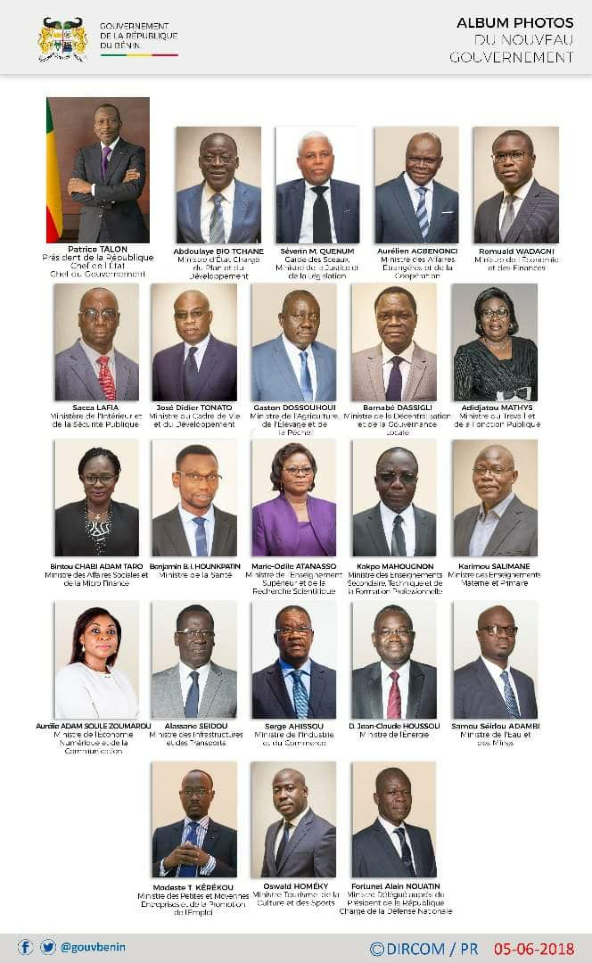 REMANIEMENT MINISTÉRIEL, Voici le 3è gouvernement de Patrice Talon