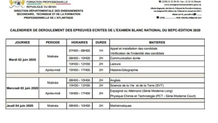 BÉNIN/ÉDUCATION NATIONALE : Voici le calendrier des examens blancs du Bepc et Bac