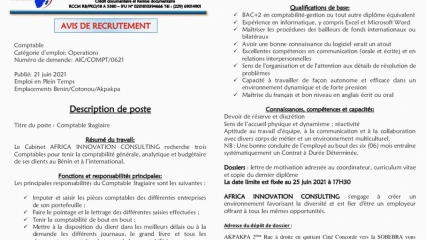 AVIS DE RECRUTEMENT :  Le cabinet Africa innovation consulting recherche des comptables
