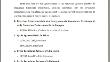 BÉNIN : ENSEIGNEMENTS SECONDAIRE, TECHNIQUE ET FORMATION PROFESSIONNELLE :  20 responsables de lycées agricoles suspendus  . Voici les raisons, la liste des concernés et leurs remplaçants
