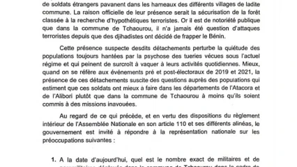 PRÉSENCE ÉTRANGE DES MILITAIRES DANS DES LOCALITÉS DE TCHAOUROU : Les députés « Les Démocrates » demandent des explications au gouvernement 