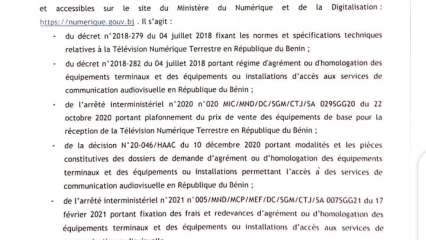 COMMERCIALISATION DES DÉCODEURS ET KITS D&rsquo;ANTENNES POUR LA TNT AU BÉNIN : Un important communiqué à l&rsquo;endroit des opérateurs économiques