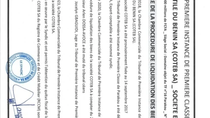 AVIS DE CLÔTURE DE LA PROCÉDURE DE LIQUIDATION DES BIENS DE COTEB SA