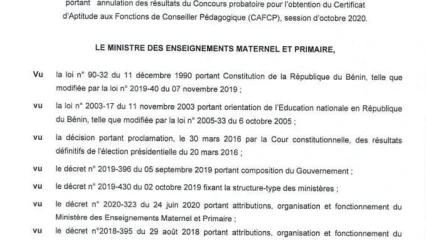 BÉNIN/MINISTÈRE DES ENSEIGNEMENTS MATERNEL ET PRIMAIRE : Le concours probatoire pour l&rsquo;obtention du Cafcp annulé