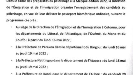 BENIN/PRÉPARATIFS DU HADJ 2022 : Voici les pièces à fournir pour l&rsquo;obtention du passeport biométrique
