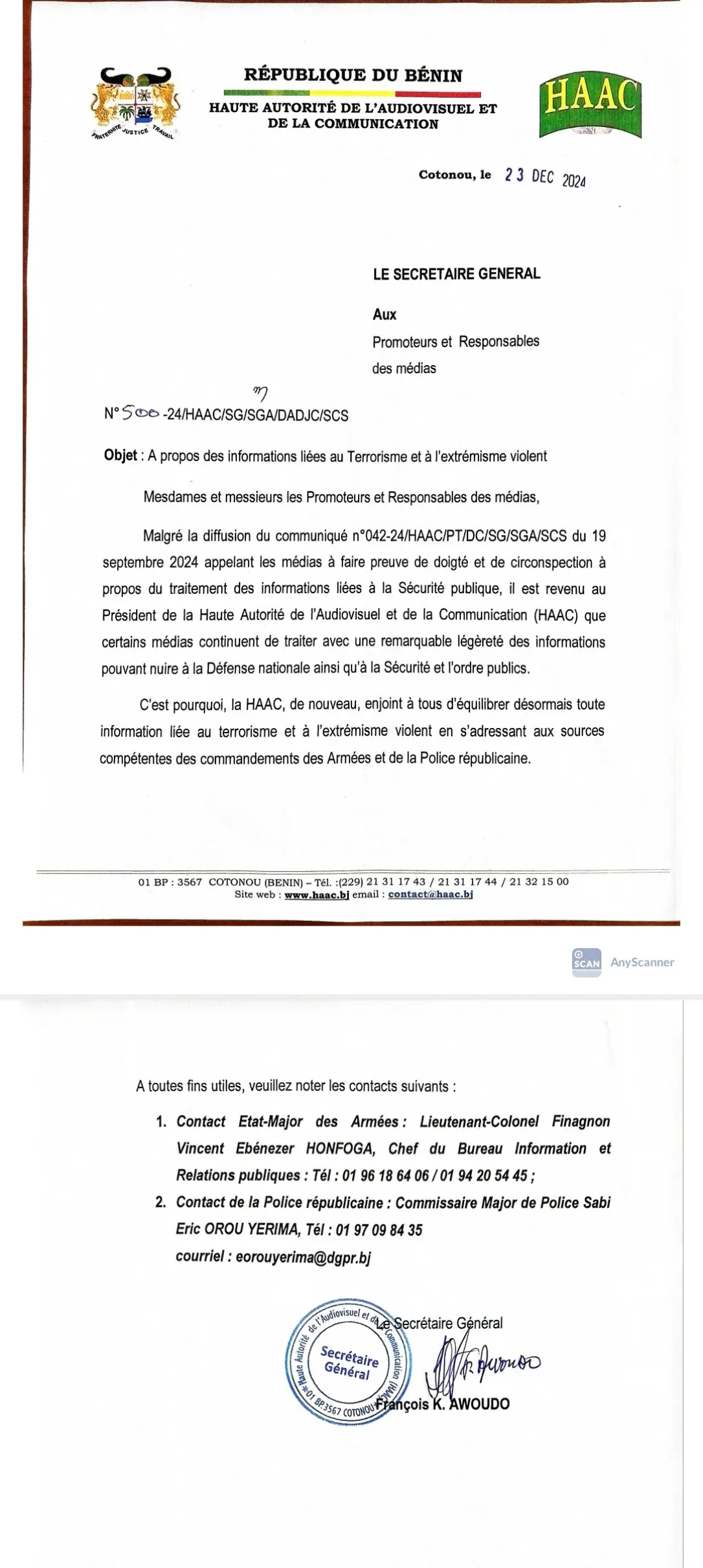 Terrorisme: la haac invite à se référer aux sources officielles