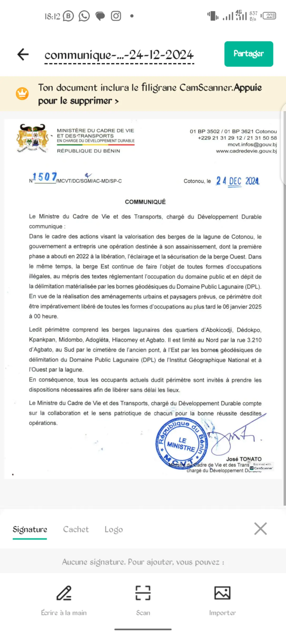 Berges lagunaires à cotonou: les indélicats sommés de vider les lieux