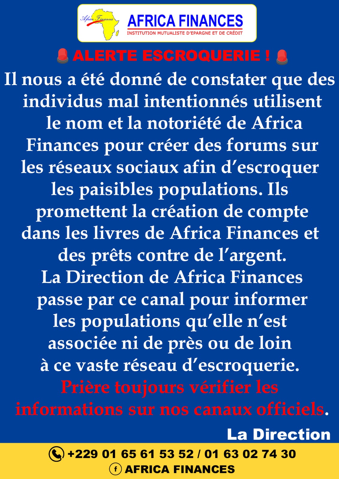 Contre l'escroquerie: africa finances alerte et appelle à la vigilance