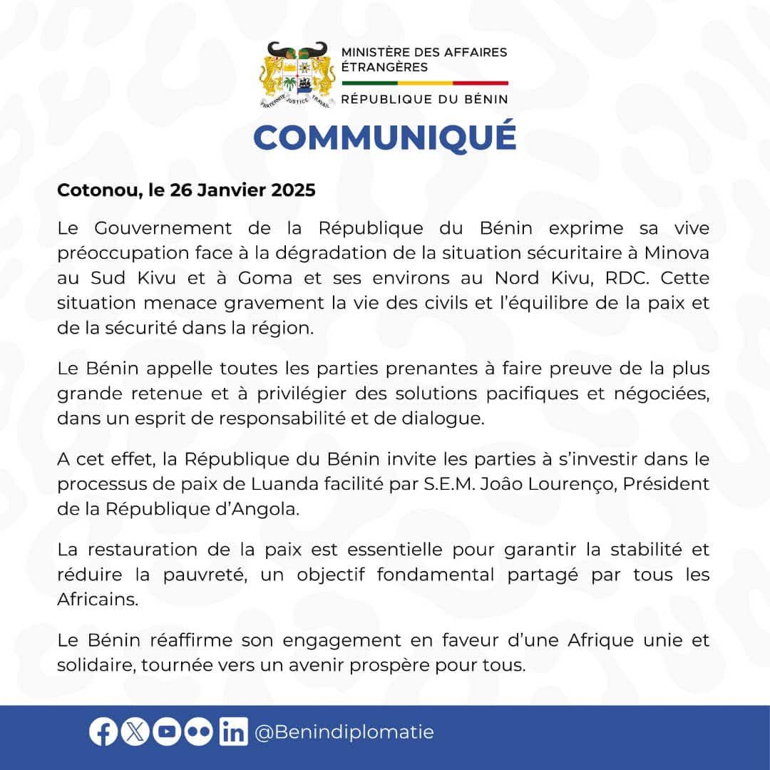 Conflit armé rdc-rwanda: le bénin appelle les deux pays