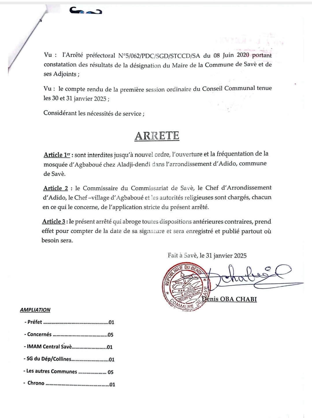 Savè: Dénis Oba Chabi suspend un imam et sa mosquée
