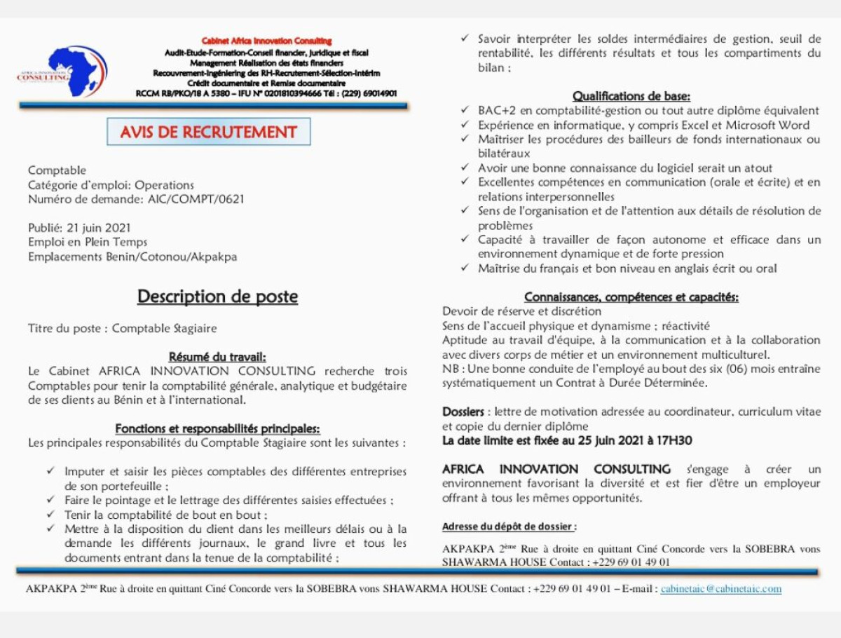 AVIS DE RECRUTEMENT :  Le cabinet Africa innovation consulting recherche des comptables
