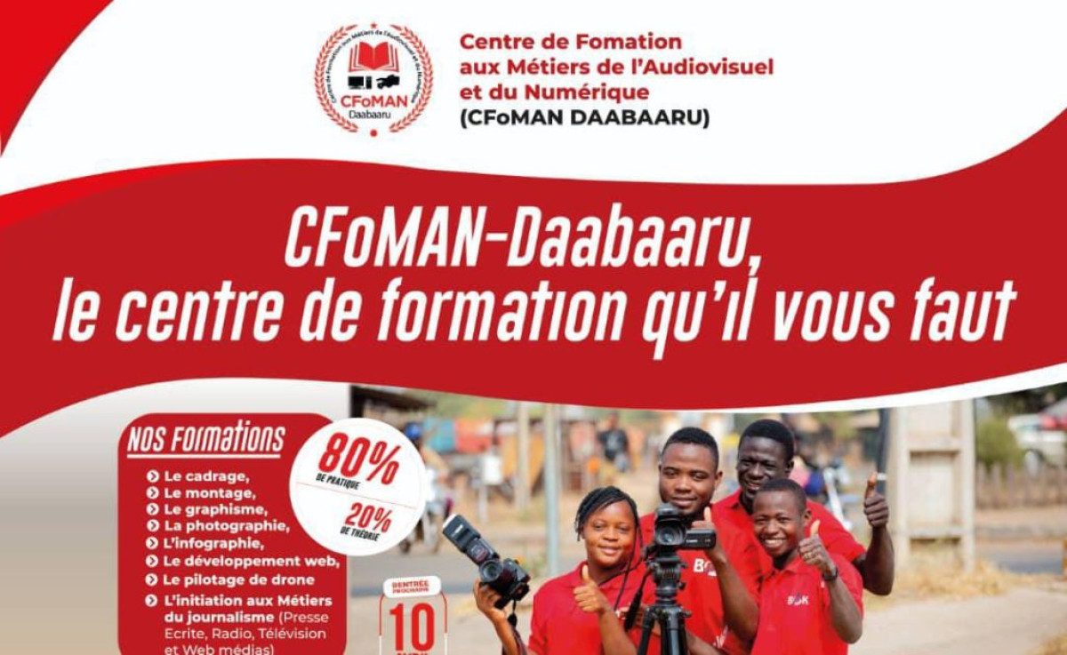 CENTRE DE FORMATION AUX MÉTIERS DE L’AUDIOVISUEL ET DU NUMÉRIQUE CFOMAN-DAABAARU À PARAKOU : 20% de réduction aux dix prochains inscrits . Prochaine rentrée, le 10 mai 2023 . Les cours en présentiel et en ligne disponibles