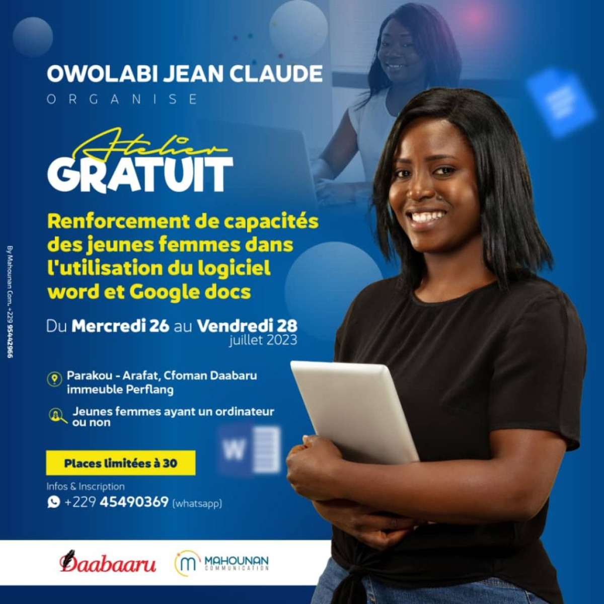 PARAKOU/FORMATION GRATUITE AU PROFIT DES FEMMES : Owolabi Jean Claude forme sur l’utilisation du logiciel Word et Google docs  . Voici comment participer