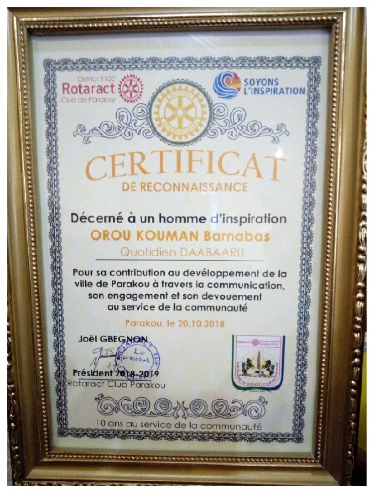 10ÈME ANNIVERSAIRE DU ROTARACT CLUB PARAKOU : Le quotidien Daabaaru distingué