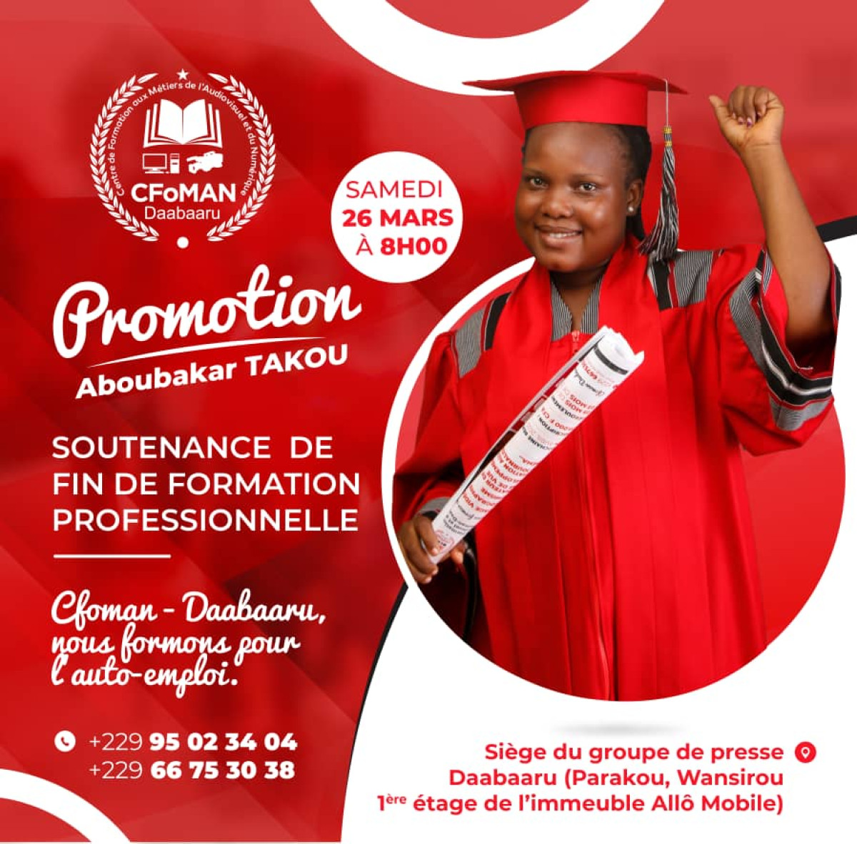 CENTRE DE FORMATION AUX MÉTIERS DE L’AUDIOVISUEL ET DU NUMÉRIQUE (CFOMAN-DAABAARU) : Les étudiants de la 1ère promotion planchent ce samedi . Aboubakar Takou parrain