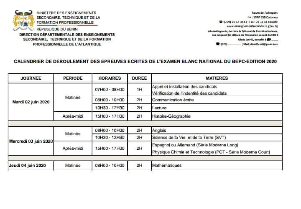 BÉNIN/ÉDUCATION NATIONALE : Voici le calendrier des examens blancs du Bepc et Bac