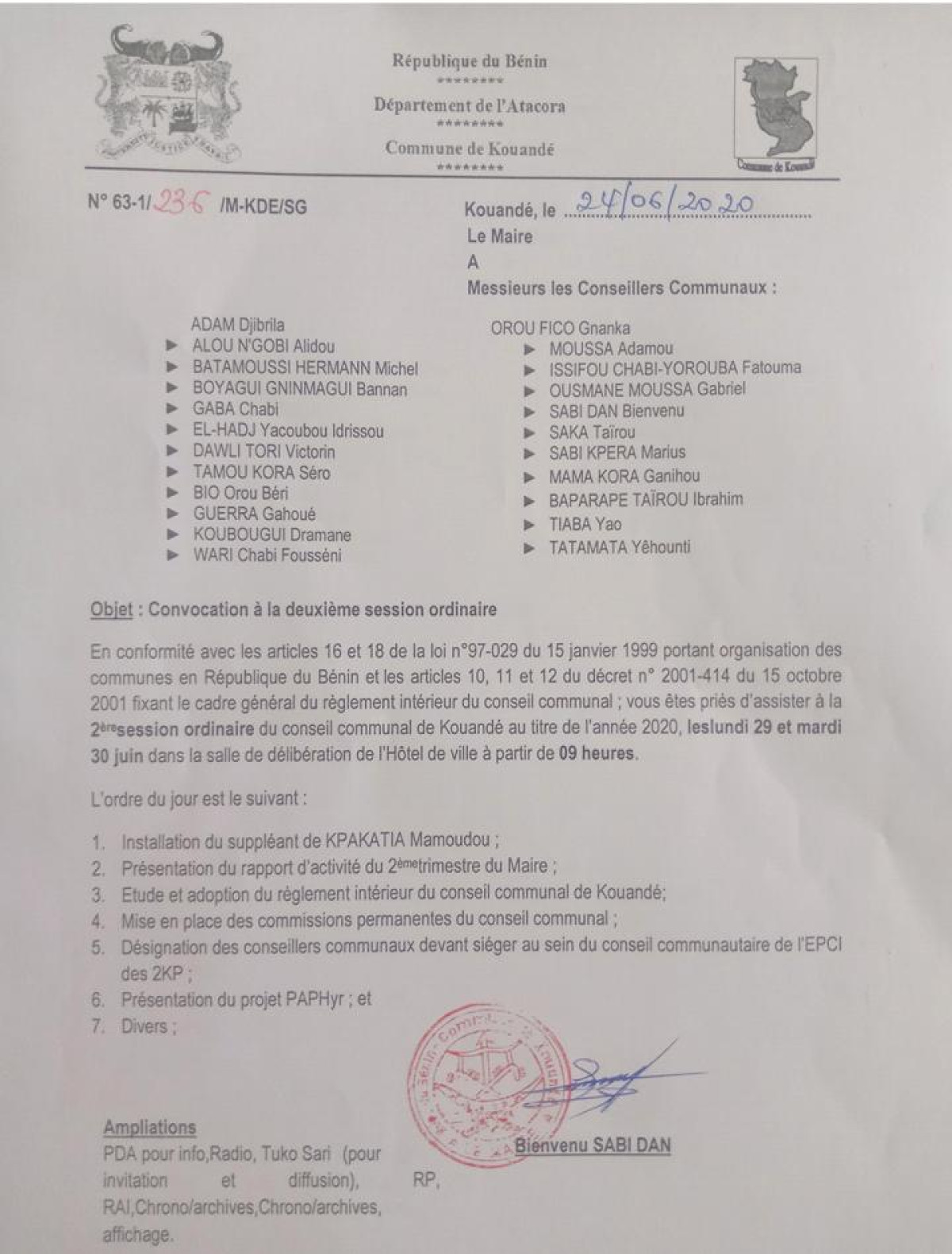 COMMUNE DE KOUANDÉ :  Les conseillers communaux en session le 29 juin prochain