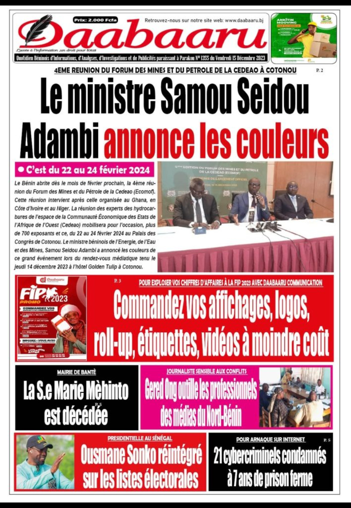 Parution du vendredi 15 décembre 2023