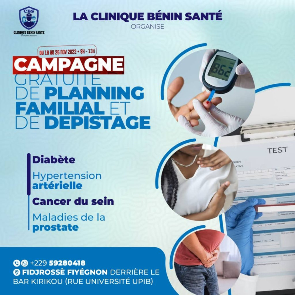LUTTE CONTRE LE DIABÈTE, L&rsquo;HYPERTENSION ARTÉRIELLE, LE CANCER DU SEIN ET LES MALADIES DE LA PROSTATE AU BÉNIN  : La Cbs lance une campagne gratuite de dépistage du 19 au 26 prochain