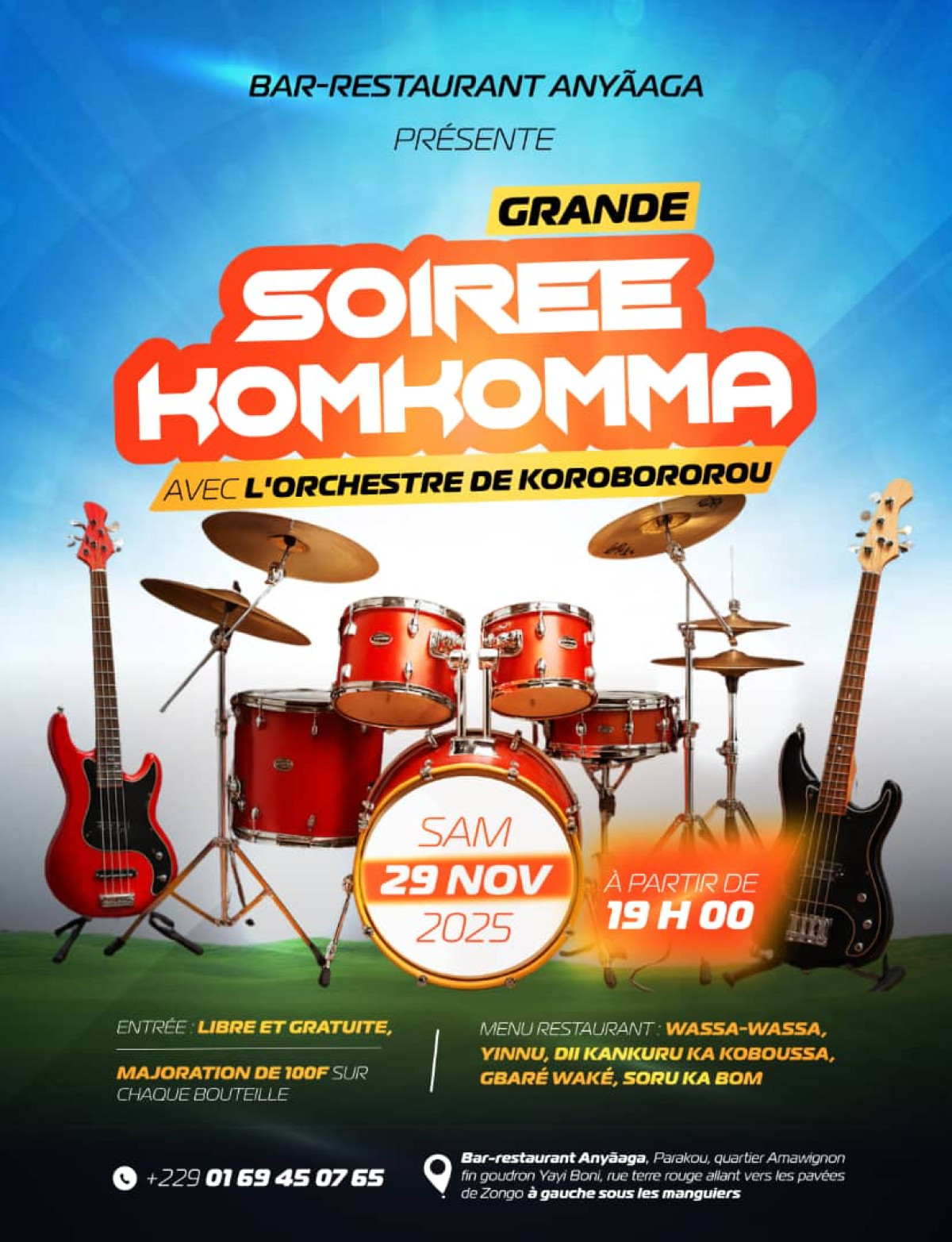 Parakou/Soirée komkonma au bar-restaurant Anyagaa: l'orchestre de Korobororou en concert le 29 novembre