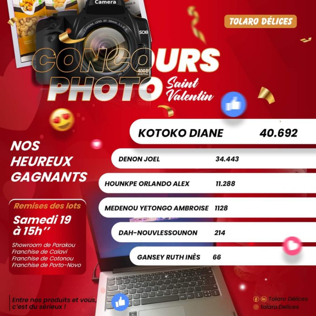 CONCOURS PHOTO SAINT VALENTIN : Tolaro Délices exprime sa gratitude aux gagnants