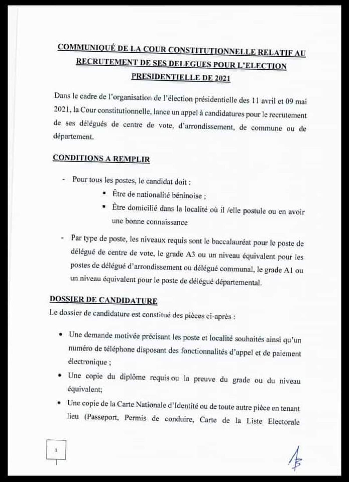 BÉNIN/POUR LA PRÉSIDENTIELLE DU 11 AVRIL PROCHAIN : La Cour Constitutionnelle lance le recrutement de ses délégués . Voir les pièces à fournir