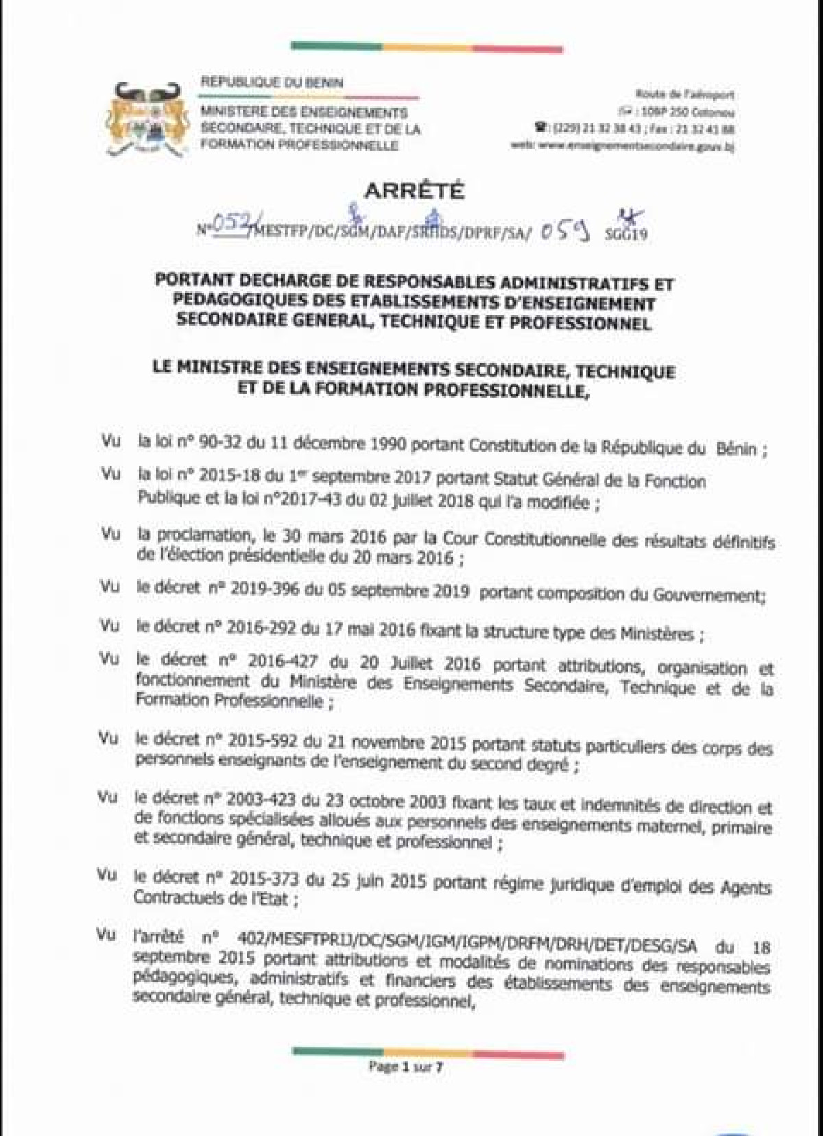 ENSEIGNEMENT SECONDAIRE AU BÉNIN  Plusieurs responsables administratifs et pédagogiques déchargés .La liste complète par département