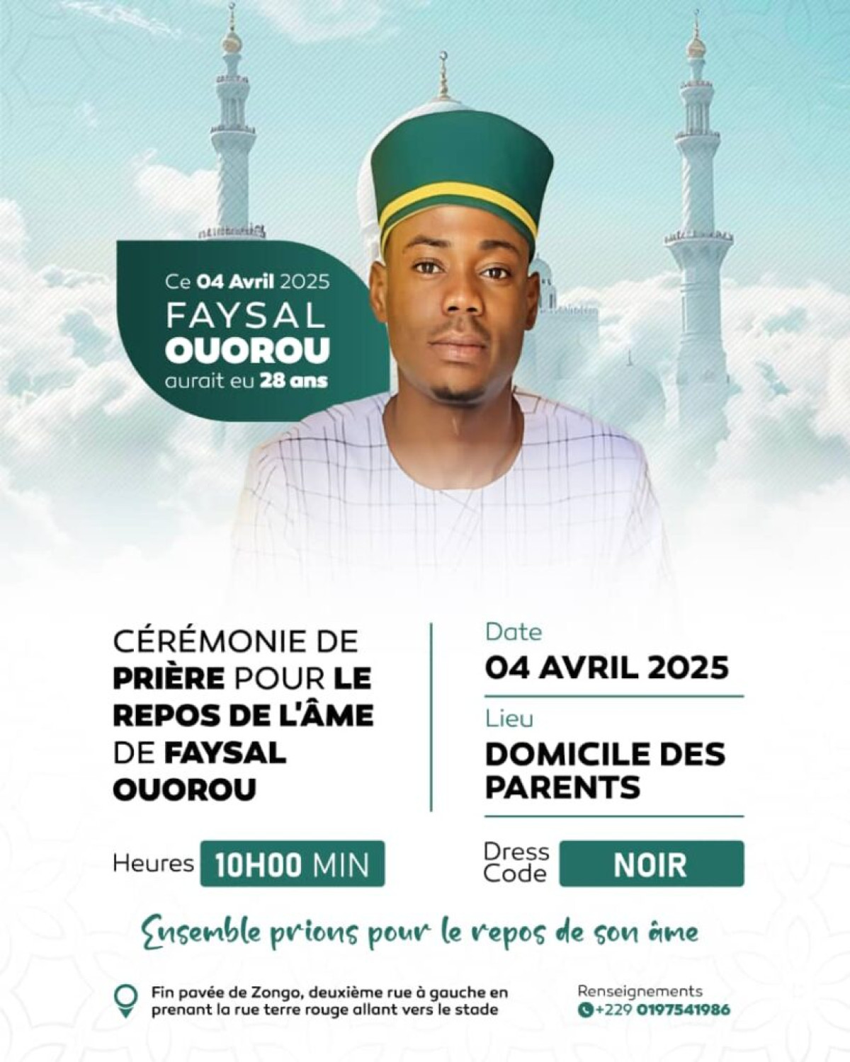 Hommage à Faysal Ouorou décédé suite à une bavure policière: une cérémonie de prière organisée demain jour de son anniversaire