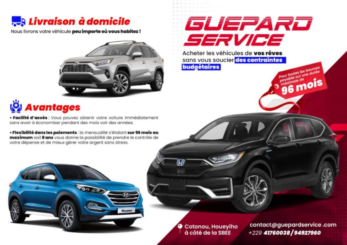 Automobile au bénin: avec guépard service, achetez le véhicule de vos rêves à 0f