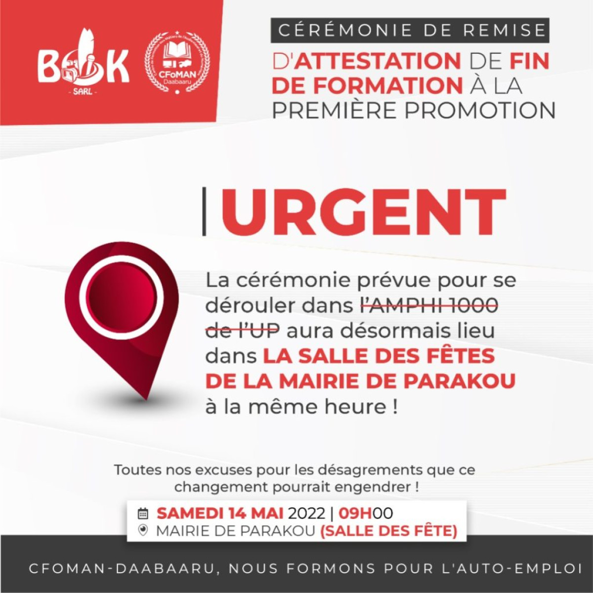 URGENT/REMISE DE PARCHEMINS AUX ÉTUDIANTS DU CFOMAN-DAABAARU : La cérémonie aura lieu à la salle des fêtes de la mairie de Parakou