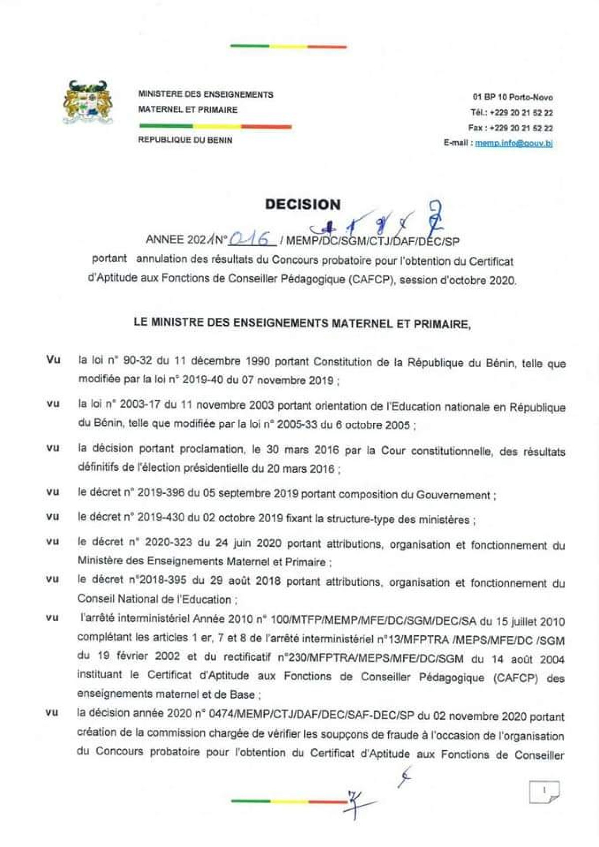 BÉNIN/MINISTÈRE DES ENSEIGNEMENTS MATERNEL ET PRIMAIRE : Le concours probatoire pour l&rsquo;obtention du Cafcp annulé