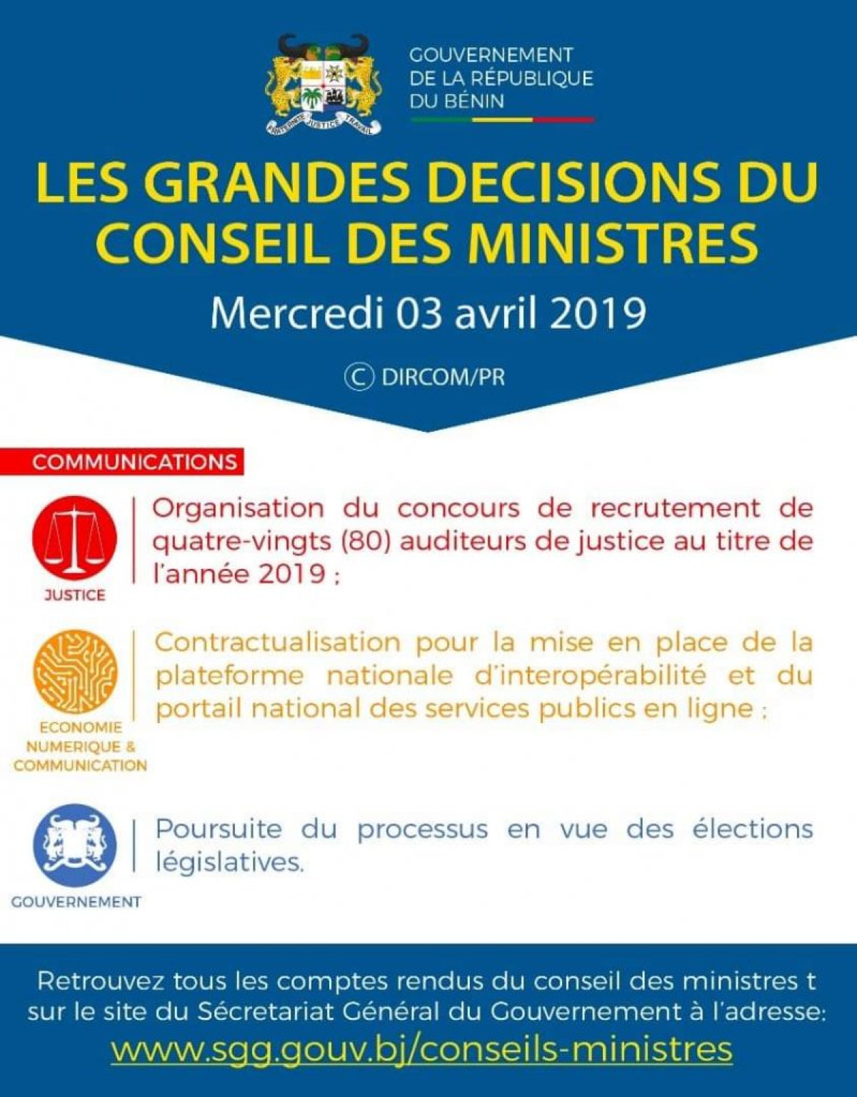 CONSEIL DES MINISTRES DU MERCREDI 3 AVRIL : Le gouvernement confirme la poursuite du processus électoral