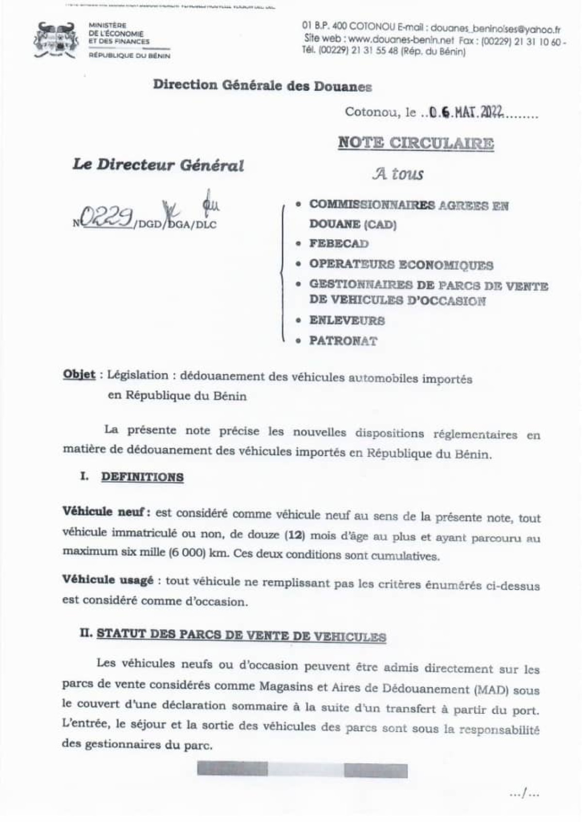DÉDOUANEMENT DES VÉHICULES IMPORTÉS EN RÉPUBLIQUE DU BÉNIN : Voici les nouvelles dispositions
