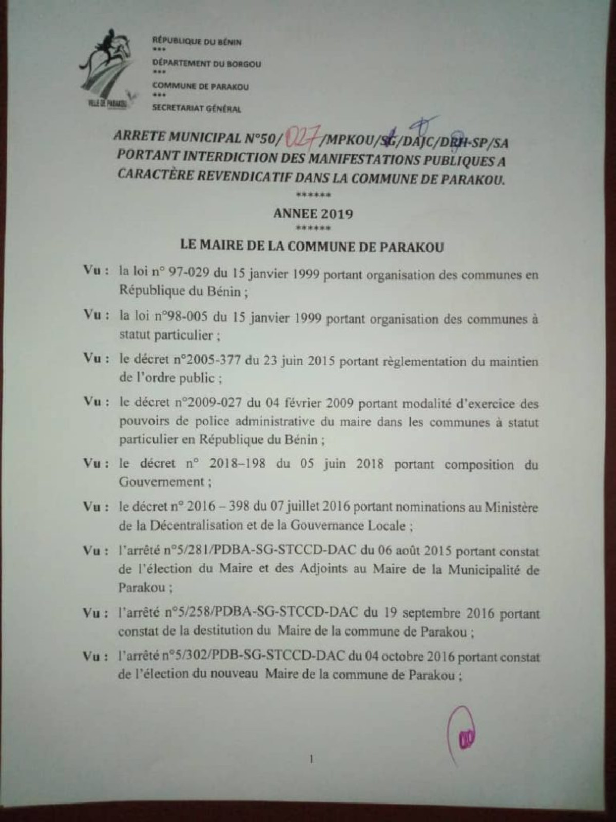 POUR LA PRESERVATION DE LA PAIX A PARAKOU : Toko interdit les manifestations à caractère revendicatif